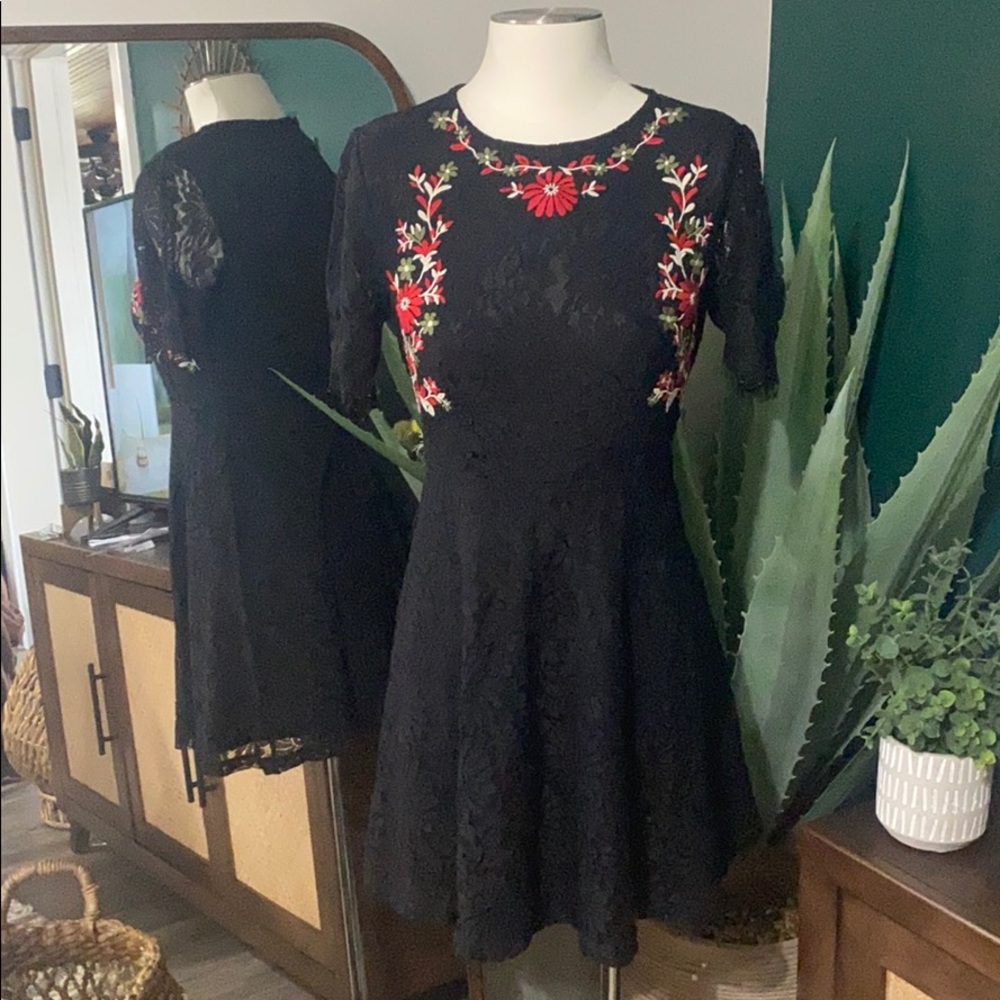 Black lace embroidered mini dress
